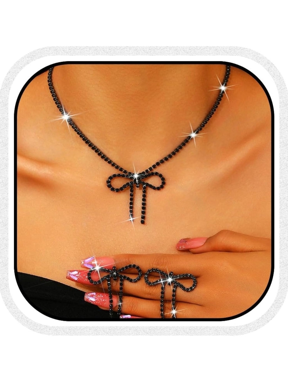 Black Bow Crystal Necklace and Ring Set - Unbranded